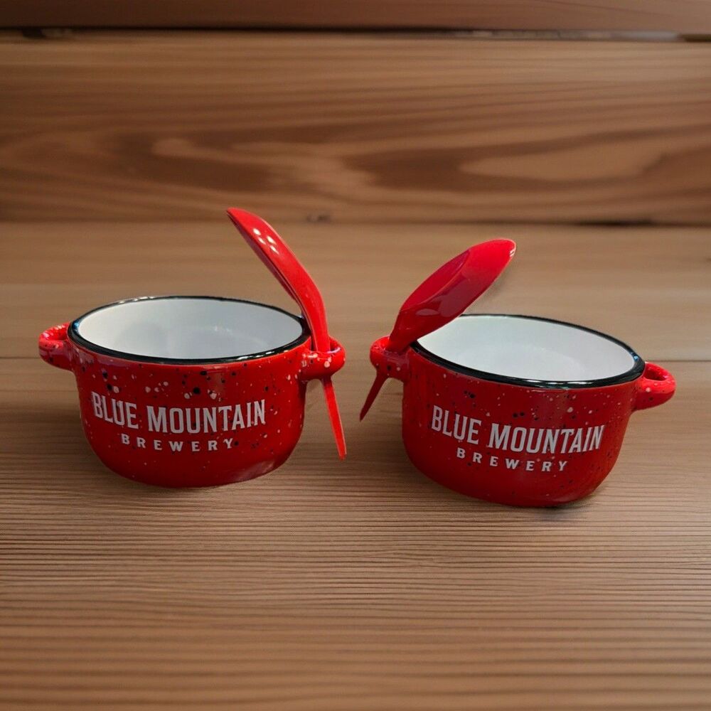 Pair of Blue Mountain Brewery Campfire Soup Crocks Bowls W/spoons Red